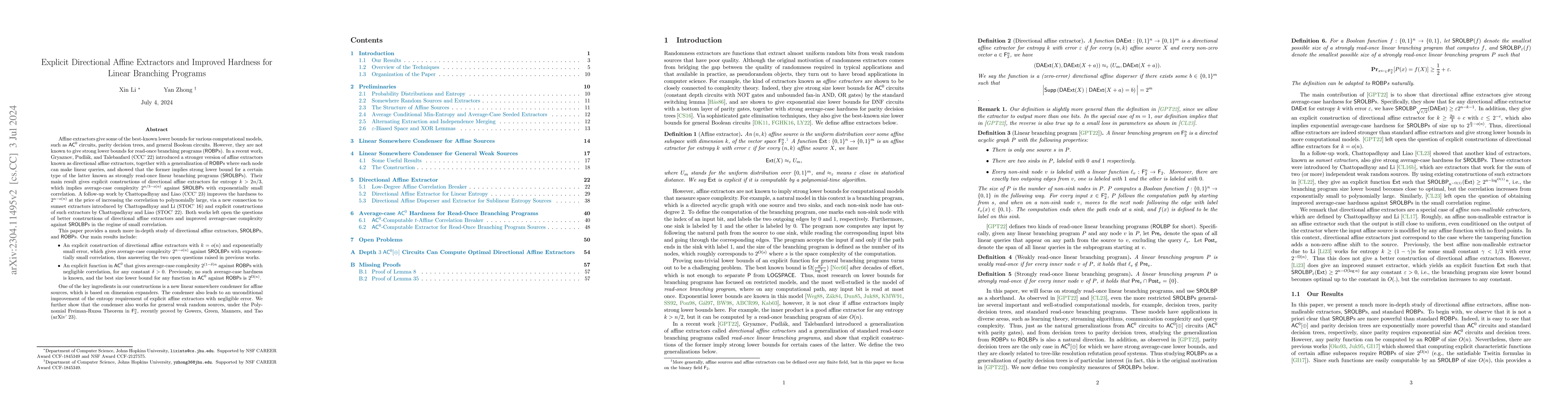 Thumbnail for Explicit Directional Affine Extractors and Improved Hardness for Linear
  Branching Programs
