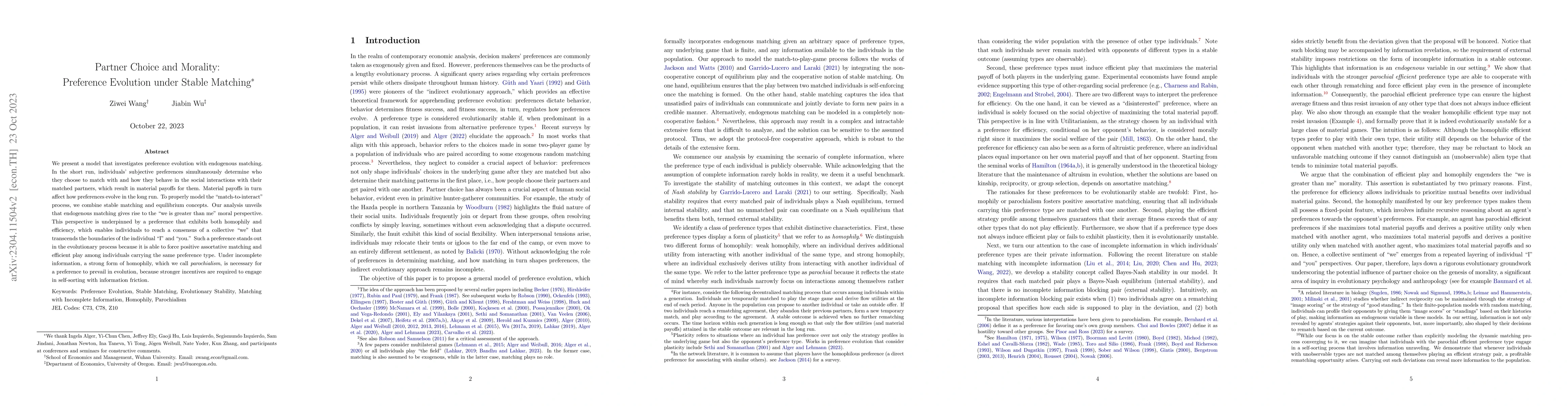 Thumbnail for Partner Choice and Morality: Preference Evolution under Stable Matching