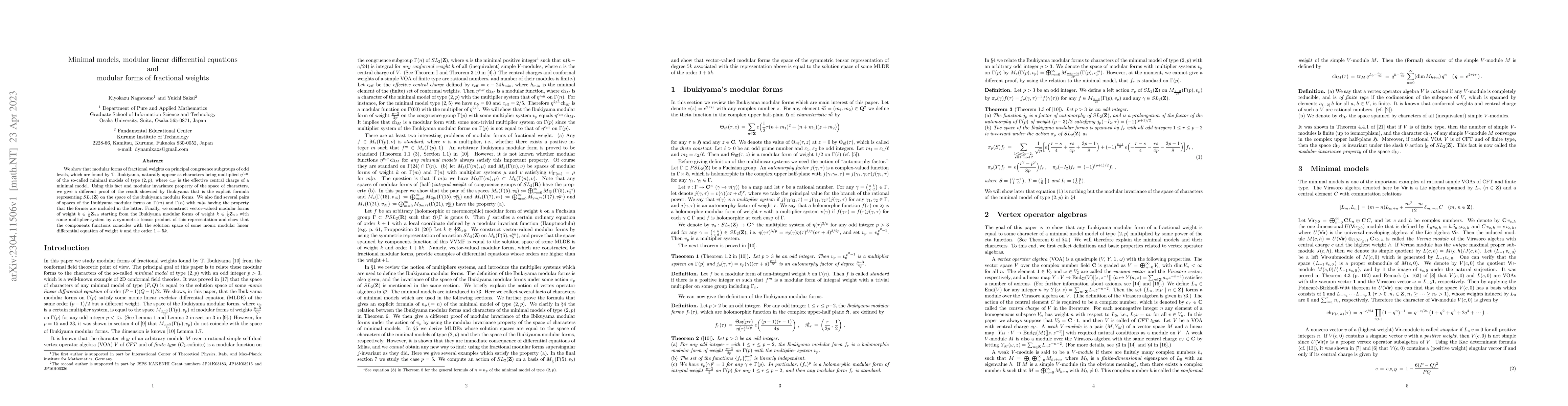 Thumbnail for Minimal models, modular linear differential equations and modular forms
  of fractional weights