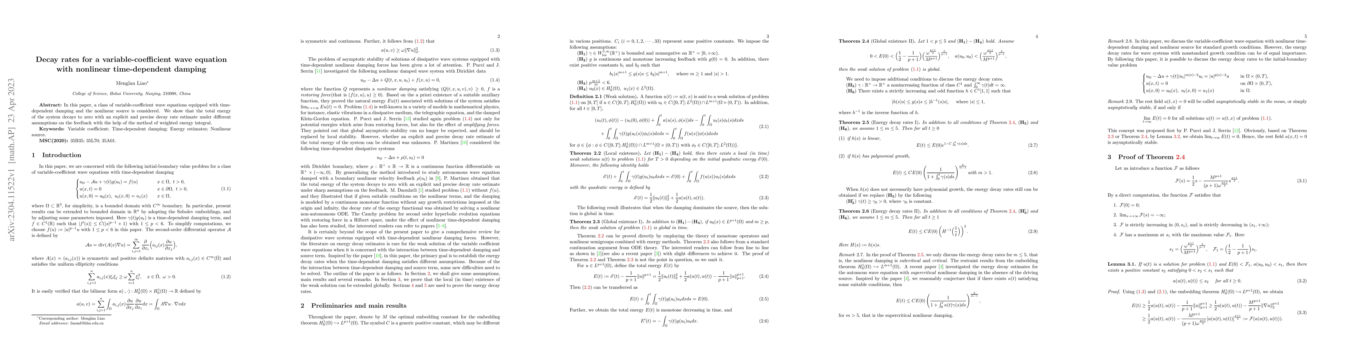 Thumbnail for Decay rates for a variable-coefficient wave equation with nonlinear
  time-dependent damping