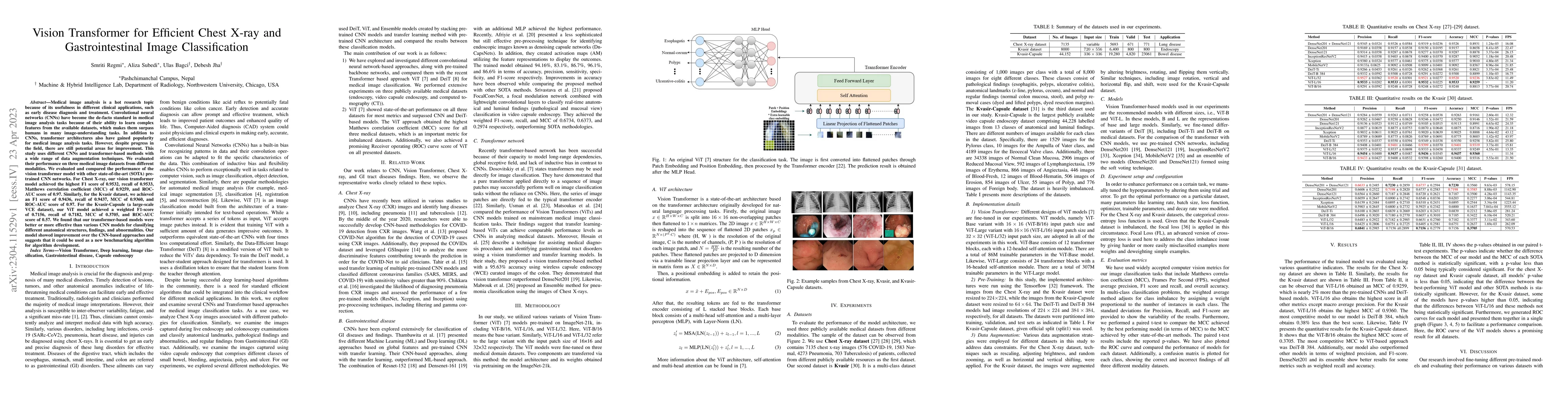 Thumbnail for Vision Transformer for Efficient Chest X-ray and Gastrointestinal Image
  Classification