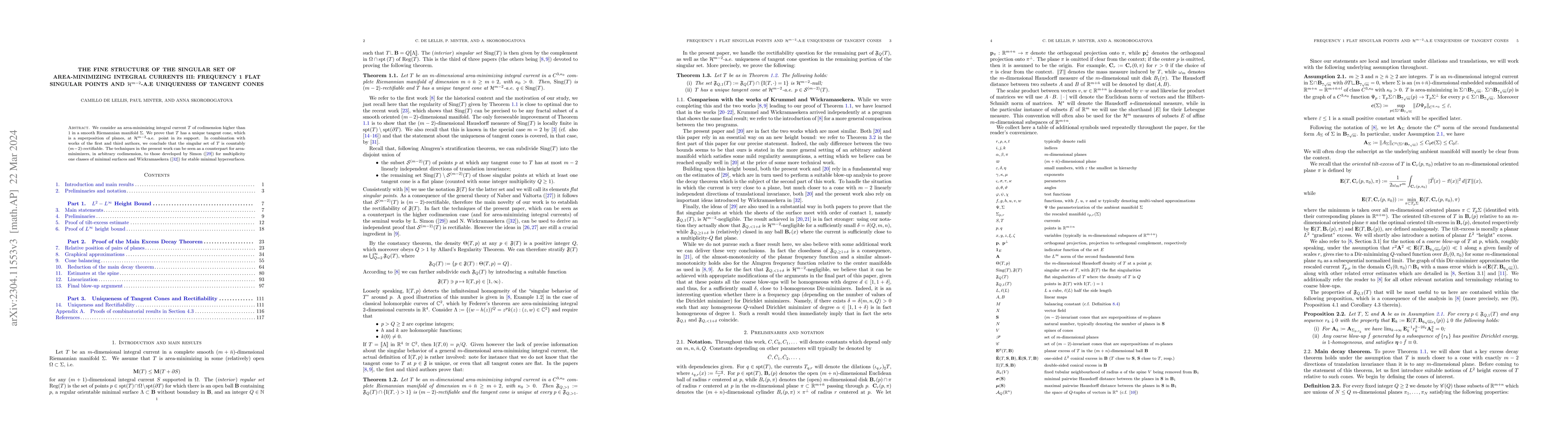Thumbnail for The Fine Structure of the Singular Set of Area-Minimizing Integral
  Currents III: Frequency 1 Flat Singular Points and $\mathcal{H}^{m-2}$-a.e.
  Uniqueness of Tangent Cones