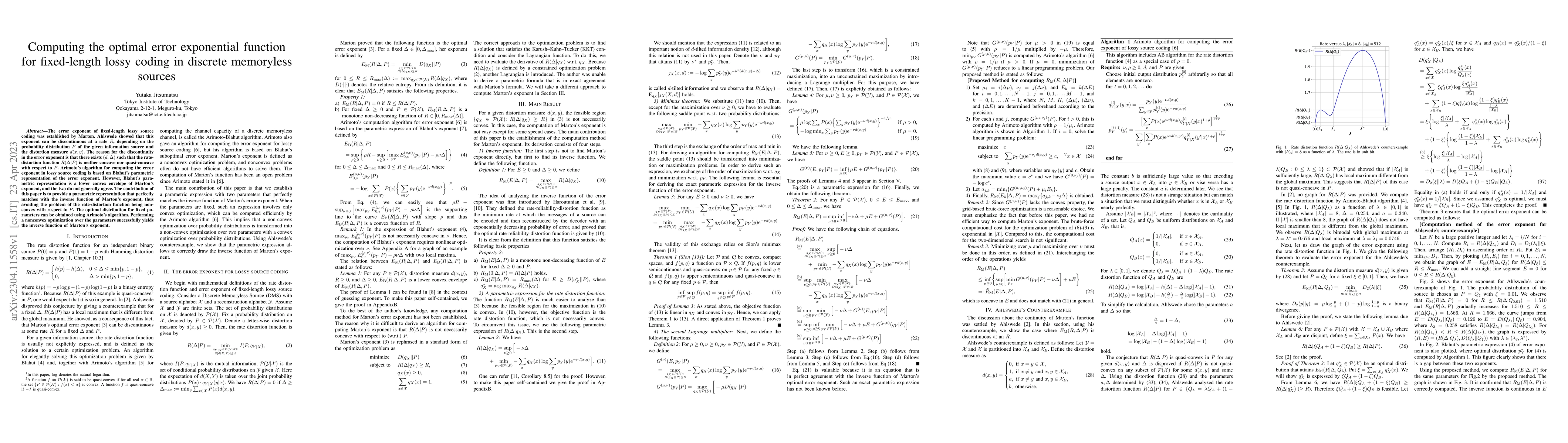 Thumbnail for Computing the optimal error exponential function for fixed-length lossy
  coding in discrete memoryless sources