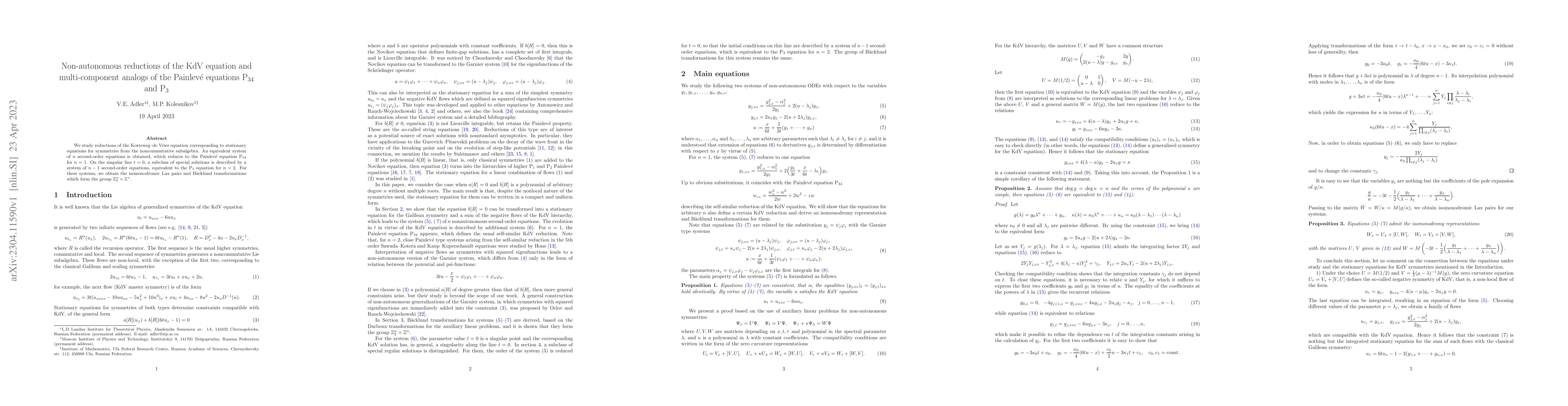 Thumbnail for Non-autonomous reductions of the KdV equation and multi-component
  analogs of the Painlev\'e equations P$_{34}$ and P$_3$