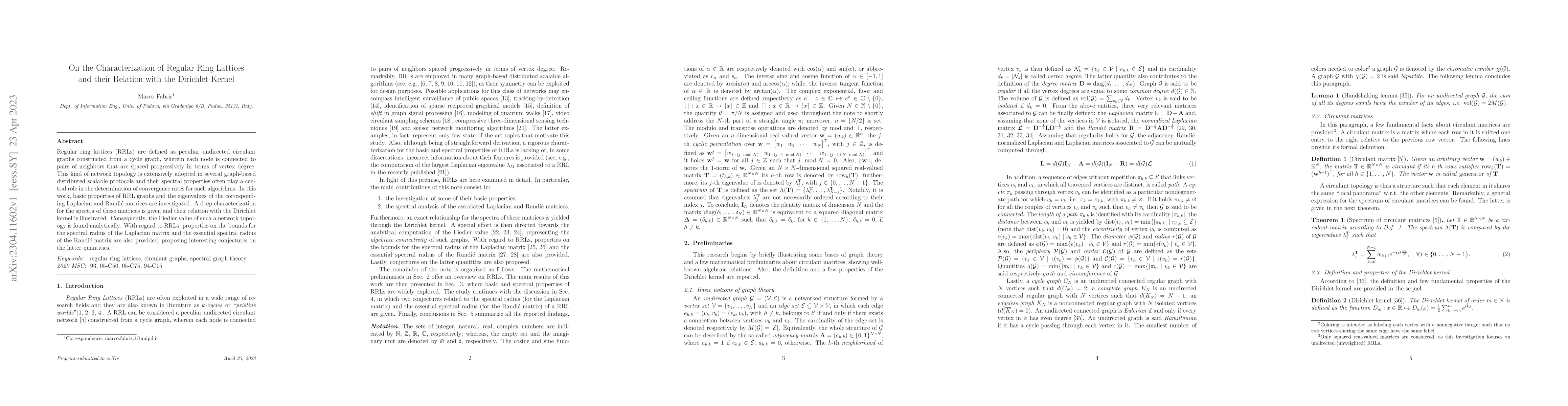 Thumbnail for On the Characterization of Regular Ring Lattices and their Relation with
  the Dirichlet Kernel