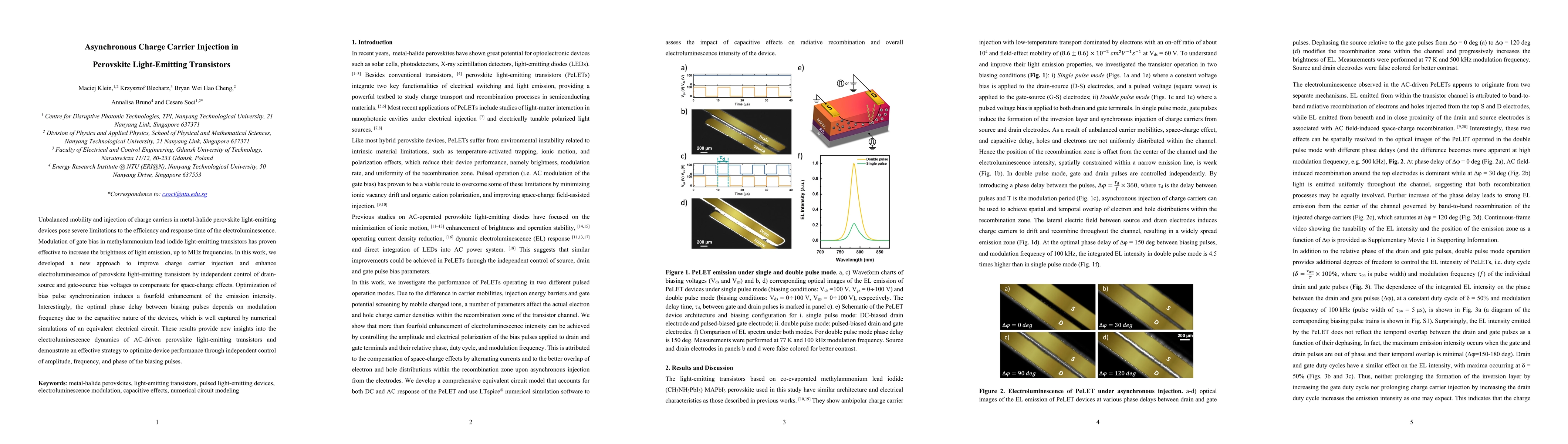 Thumbnail for Asynchronous Charge Carrier Injection in Perovskite Light-Emitting
  Transistors