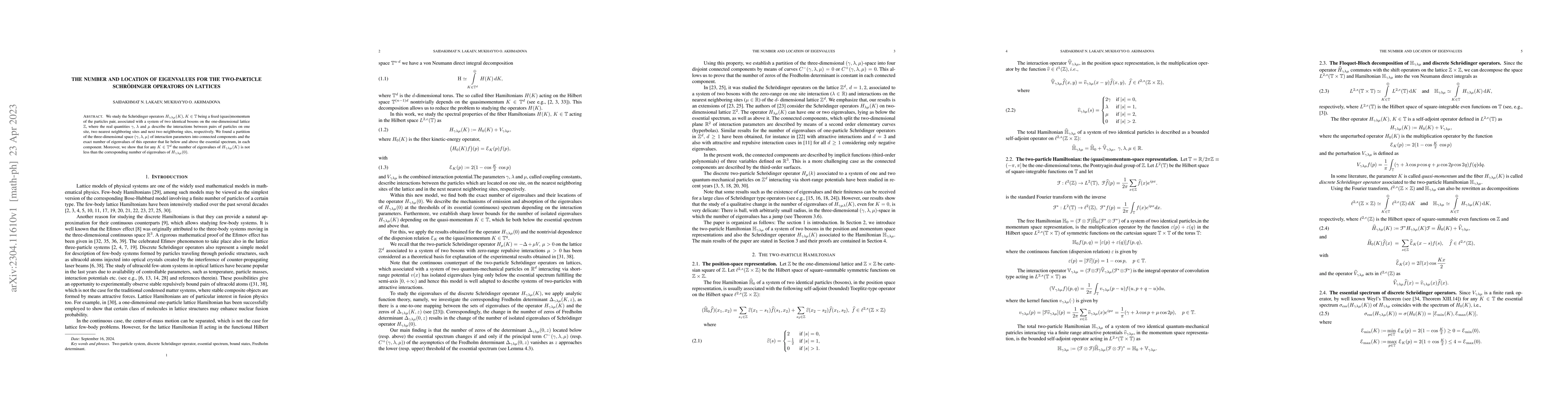 Thumbnail for The number and location of eigenvalues for the two-particle
  Schr\"odinger operators on lattices