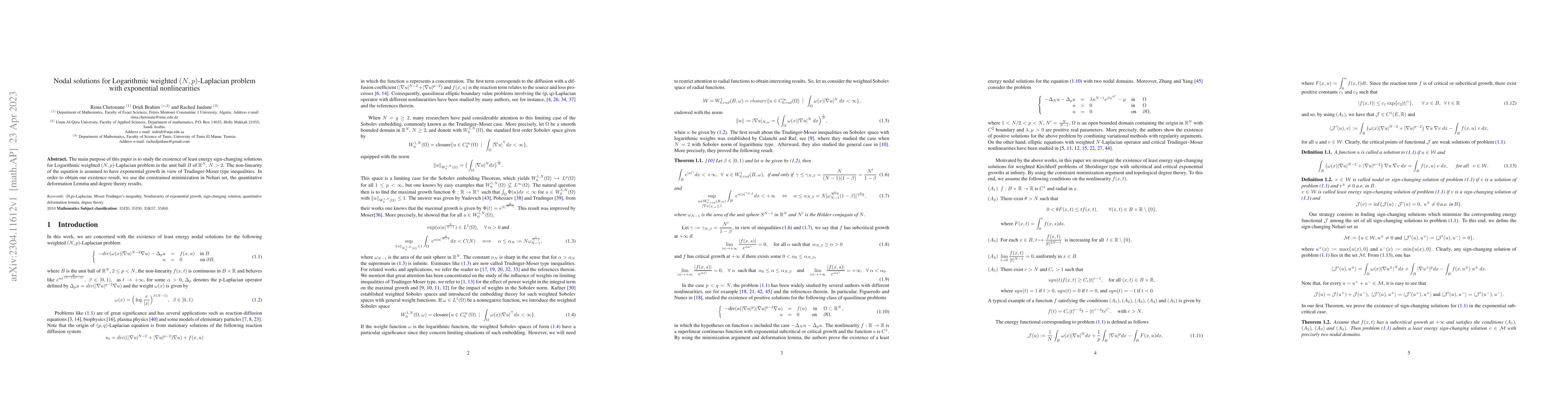 Thumbnail for Nodal solutions for Logarithmic weighted $(N, p)$-Laplacian problem with
  exponential nonlinearities