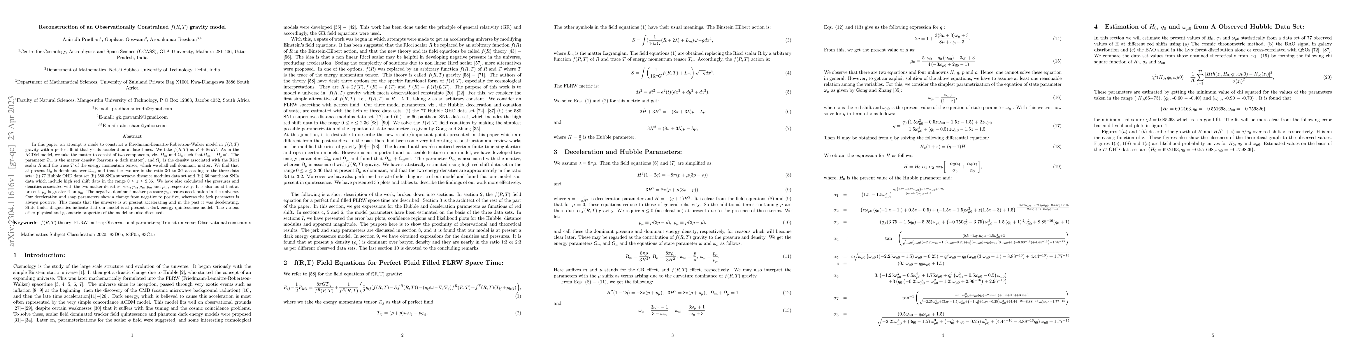 Thumbnail for Reconstruction of an Observationally Constrained $f(R, T)$ gravity model