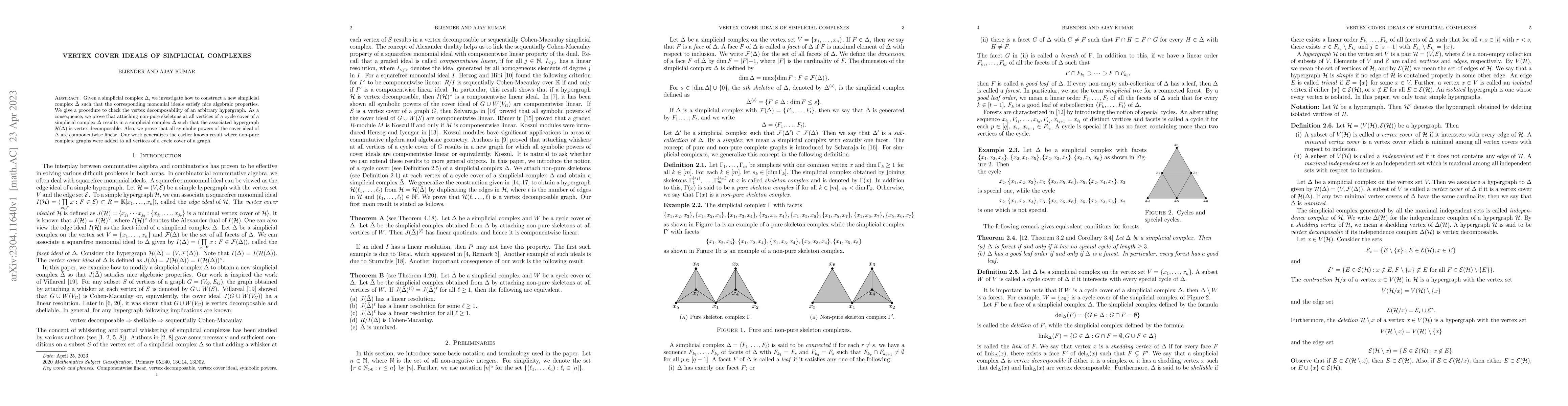Thumbnail for Vertex cover ideals of simplicial complexes
