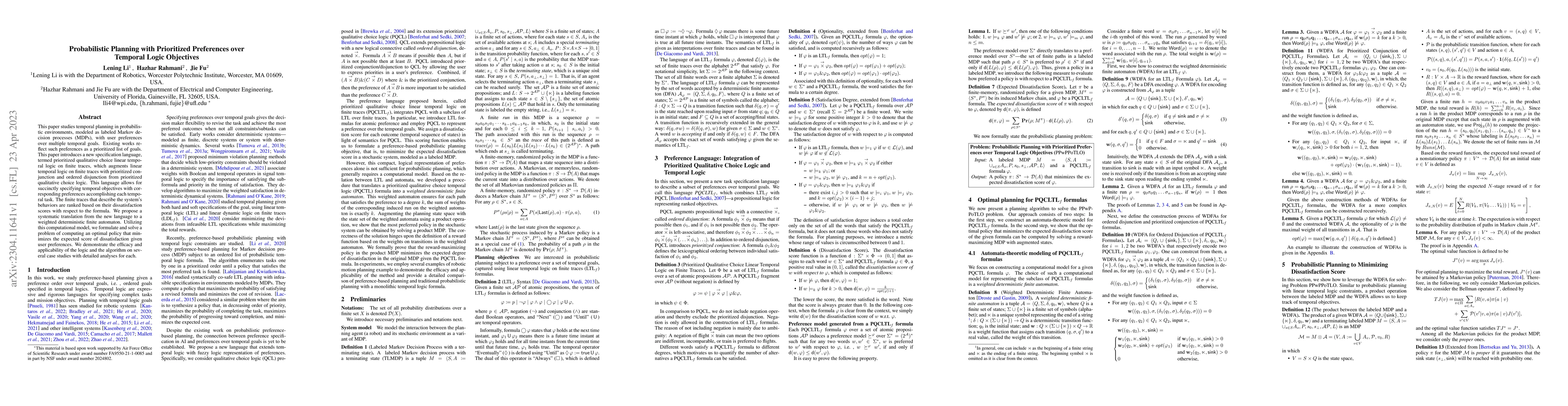 Thumbnail for Probabilistic Planning with Prioritized Preferences over Temporal Logic
  Objectives