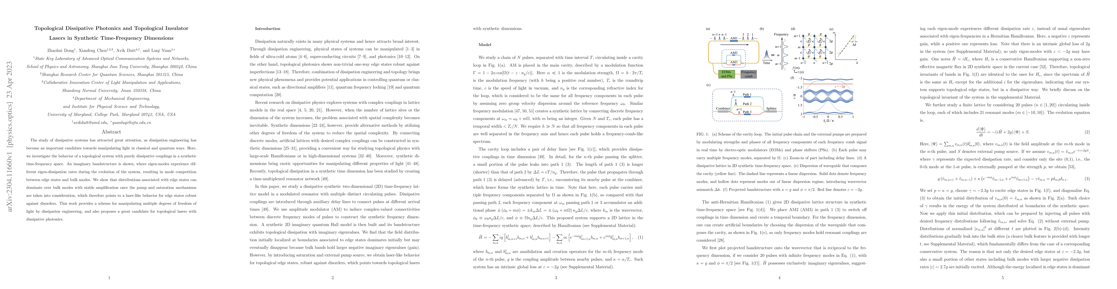 Thumbnail for Topological Dissipative Photonics and Topological Insulator Lasers in
  Synthetic Time-Frequency Dimensions