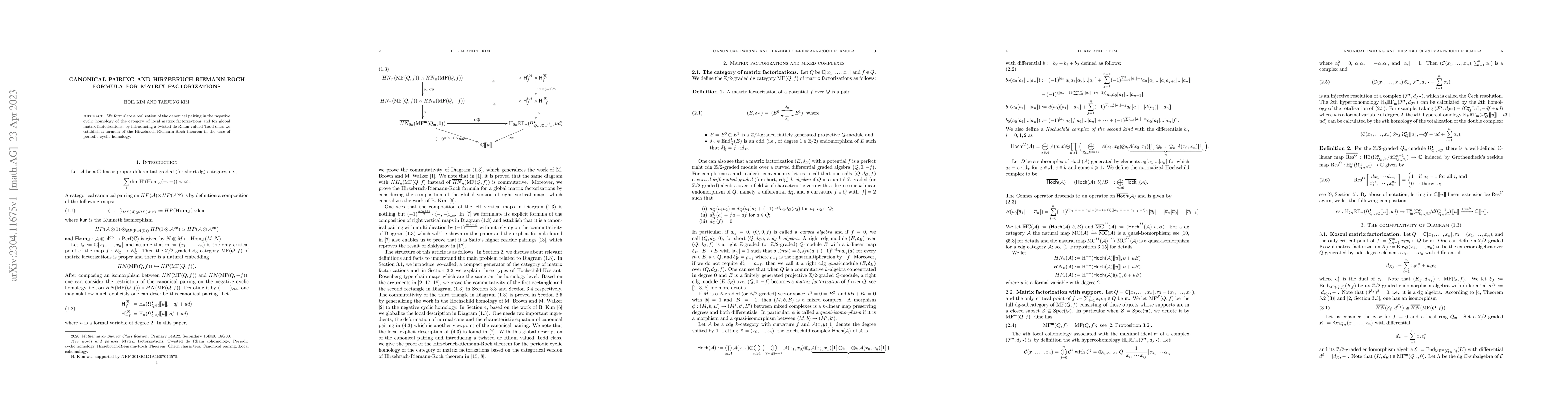 Thumbnail for Canonical pairing and Hirzebruch-Riemann-Roch formula for matrix
  factorizations