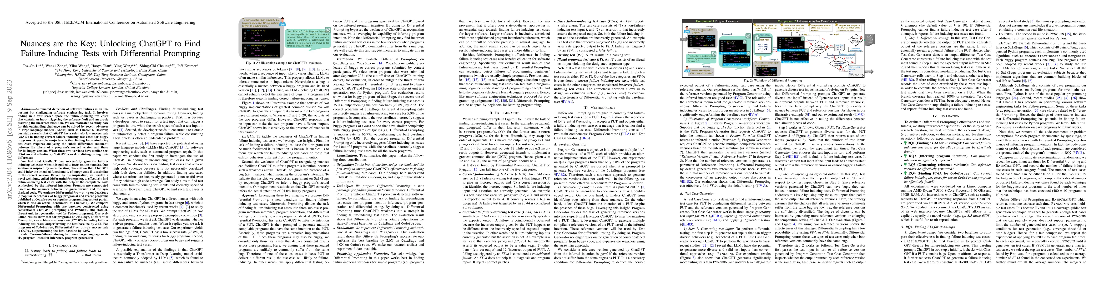 Thumbnail for Nuances are the Key: Unlocking ChatGPT to Find Failure-Inducing Tests
  with Differential Prompting