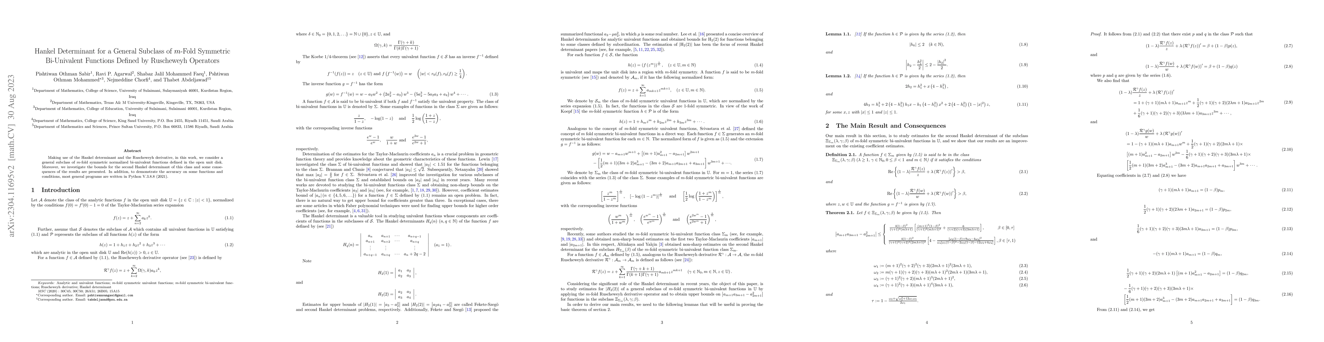 Thumbnail for Hankel determinant for a general subclass of m-fold symmetric
  bi-univalent functions defined by Ruscheweyh operator