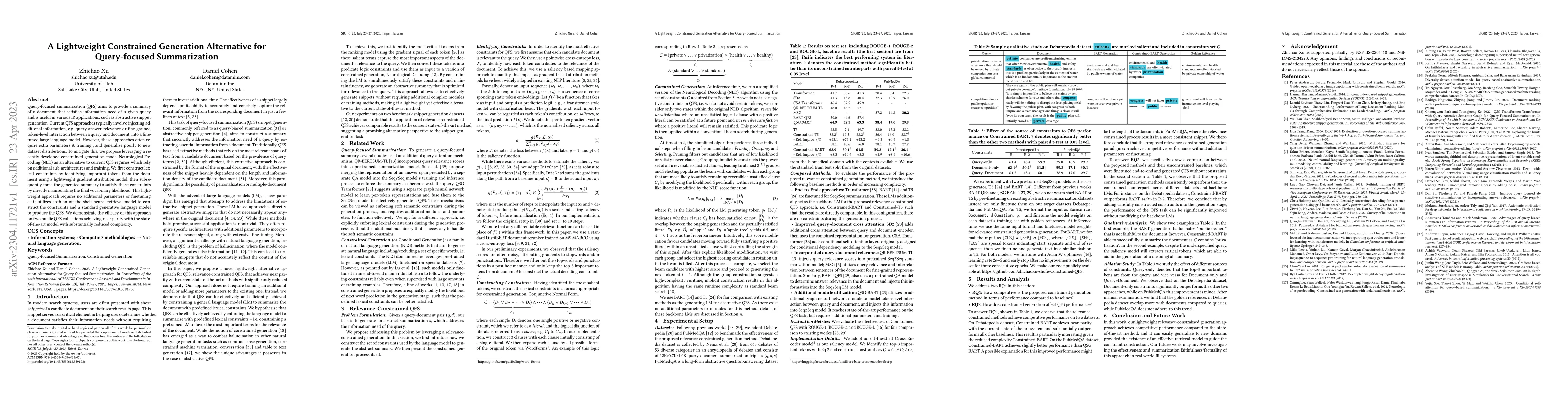 Thumbnail for A Lightweight Constrained Generation Alternative for Query-focused
  Summarization