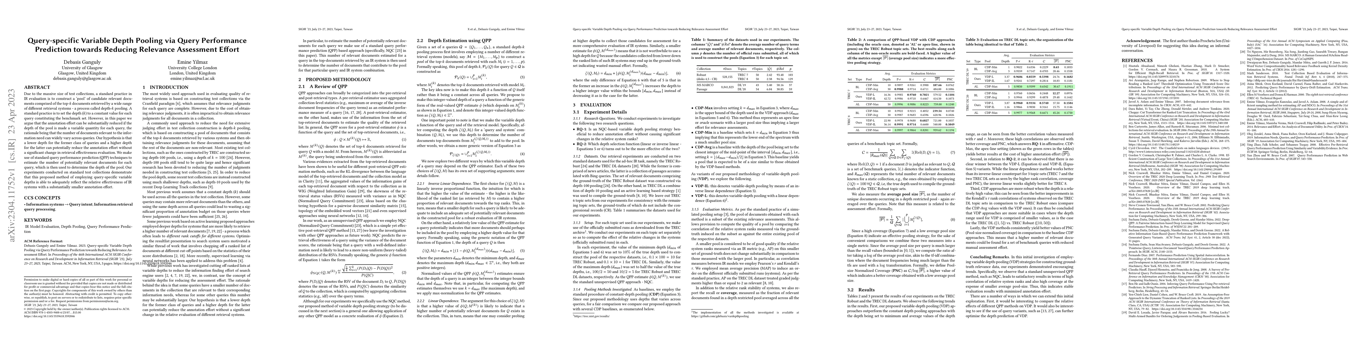 Thumbnail for Query-specific Variable Depth Pooling via Query Performance Prediction
  towards Reducing Relevance Assessment Effort