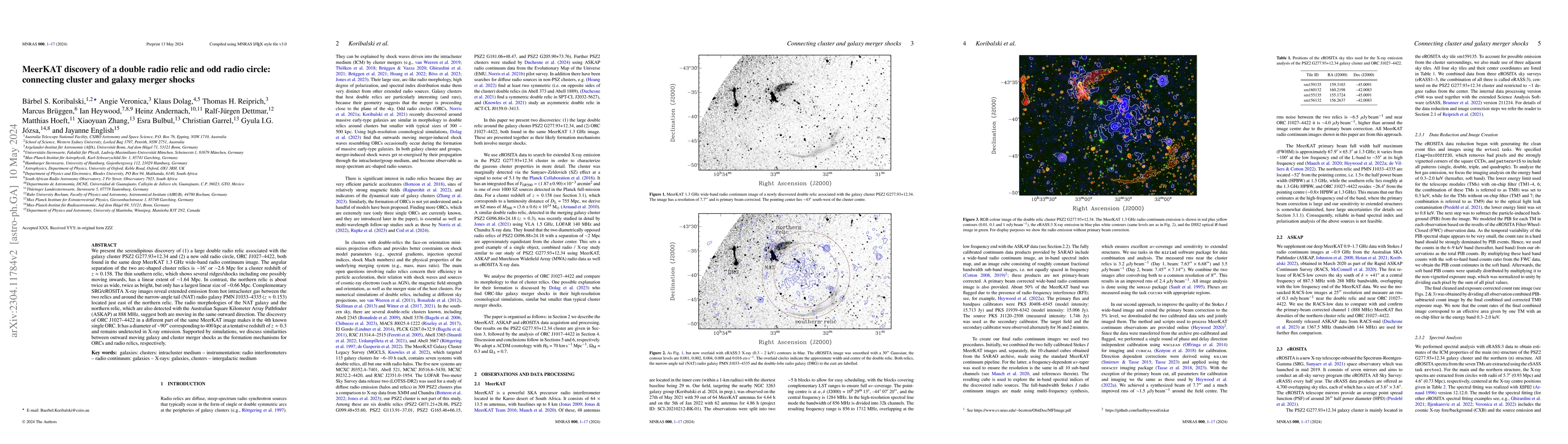 Thumbnail for MeerKAT discovery of a double radio relic and odd radio circle:
  connecting cluster and galaxy merger shocks
