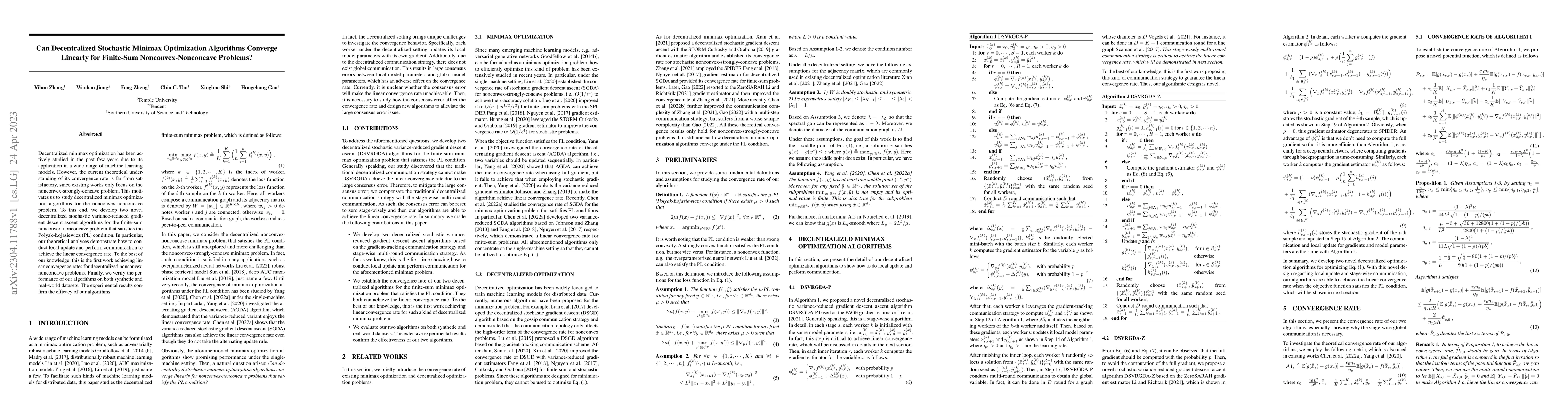 Thumbnail for Can Decentralized Stochastic Minimax Optimization Algorithms Converge
  Linearly for Finite-Sum Nonconvex-Nonconcave Problems?