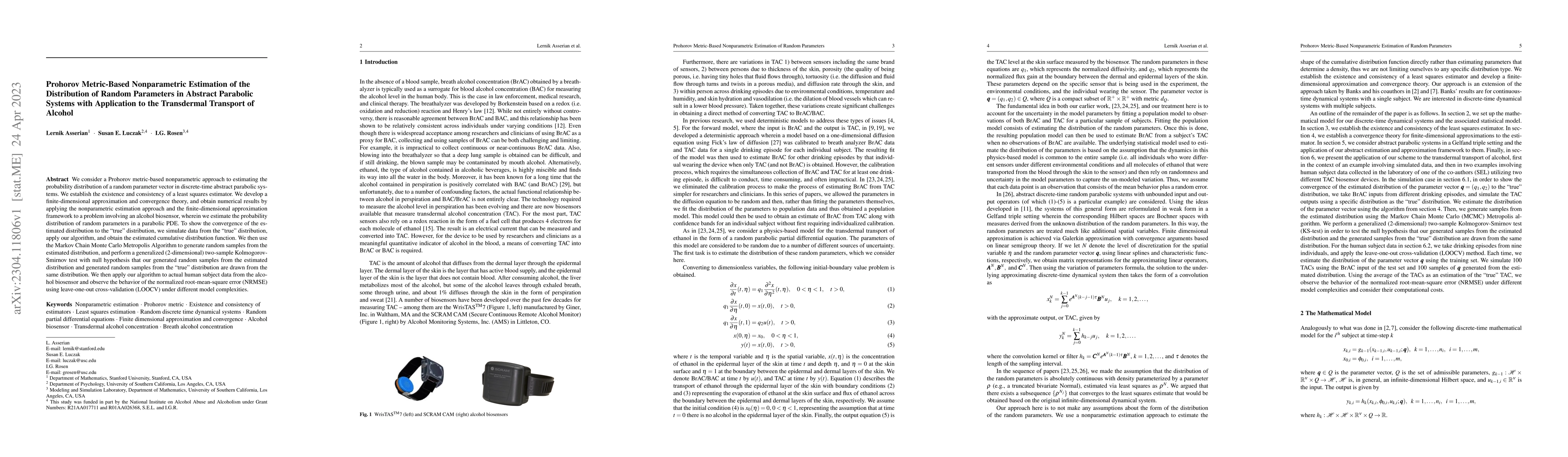 Thumbnail for Prohorov Metric-Based Nonparametric Estimation of the Distribution of
  Random Parameters in Abstract Parabolic Systems with Application to the
  Transdermal Transport of Alcohol