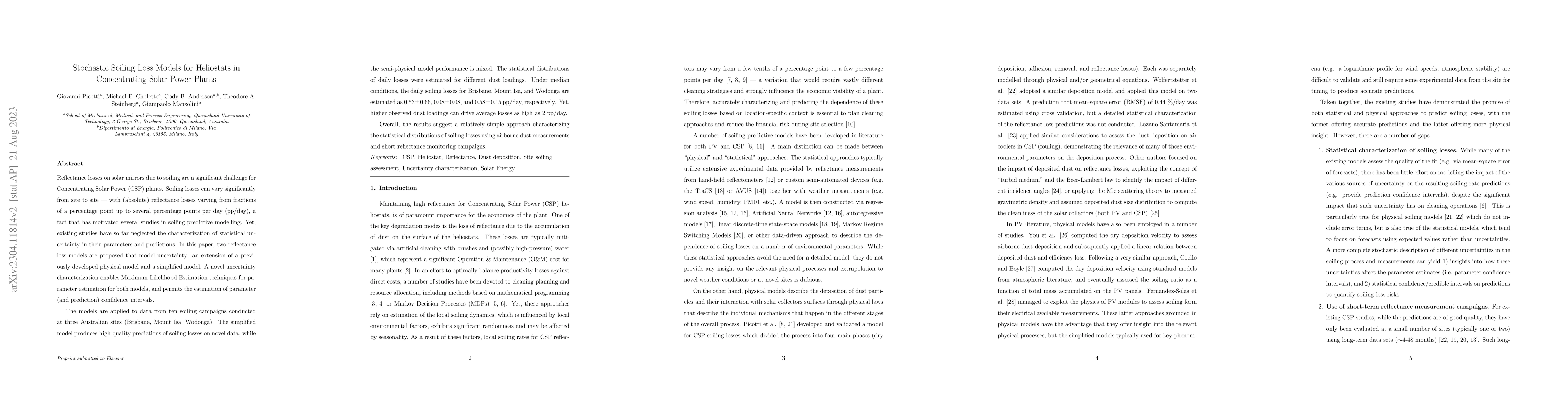 Thumbnail for Stochastic Soiling Loss Models for Heliostats in Concentrating Solar
  Power Plants
