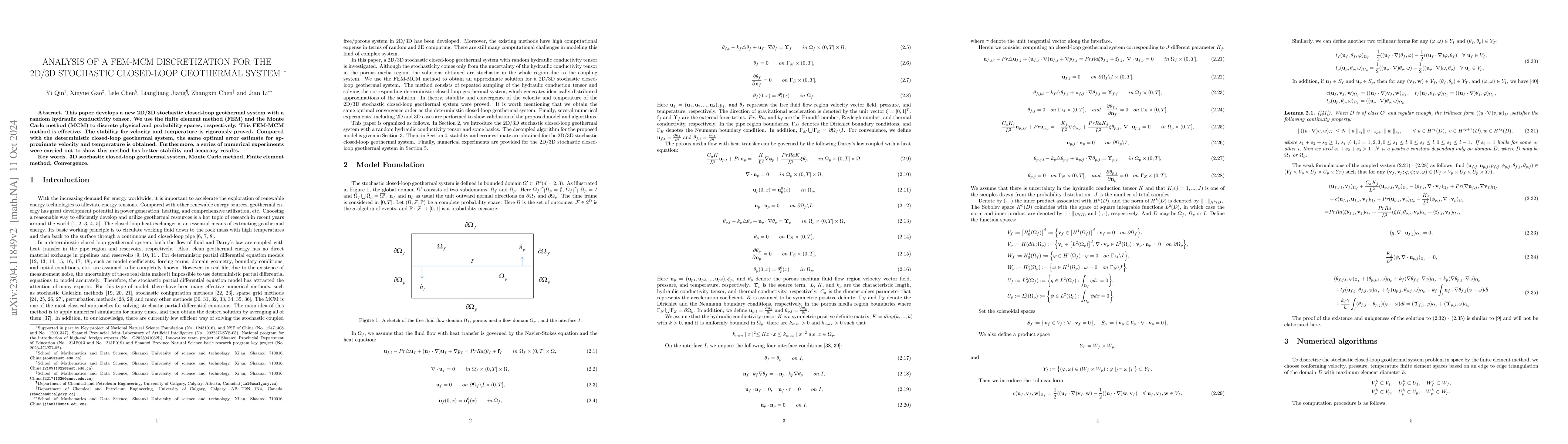 Thumbnail for Analysis of a FEM-MCM Discretization for the 2D/3D stochastic
  closed-loop geothermal system