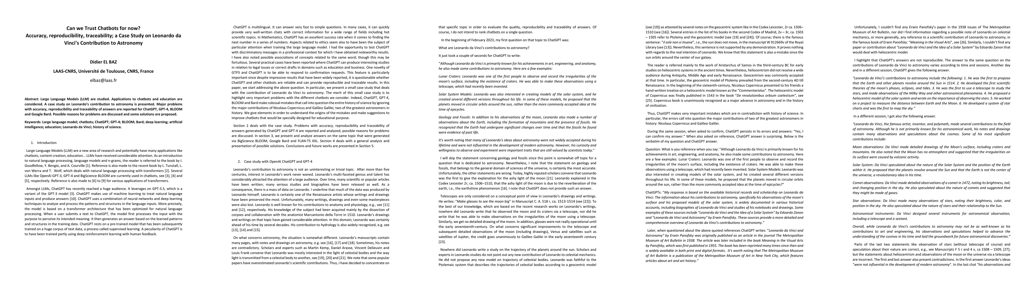 Thumbnail for Can we Trust Chatbots for now? Accuracy, reproducibility, traceability;
  a Case Study on Leonardo da Vinci's Contribution to Astronomy