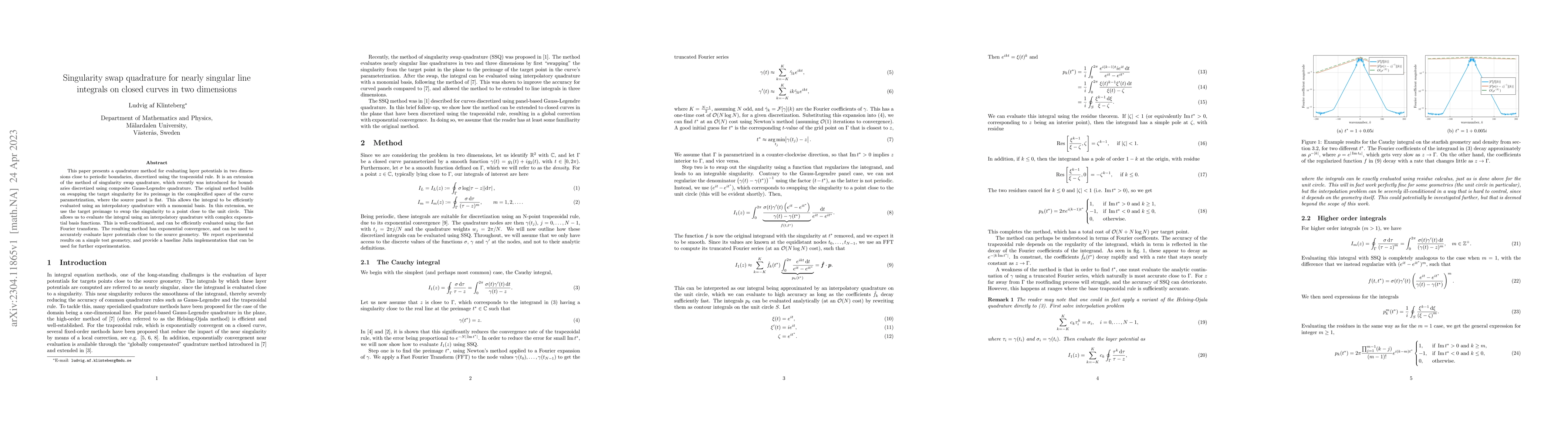 Thumbnail for Singularity swap quadrature for nearly singular line integrals on closed
  curves in two dimensions