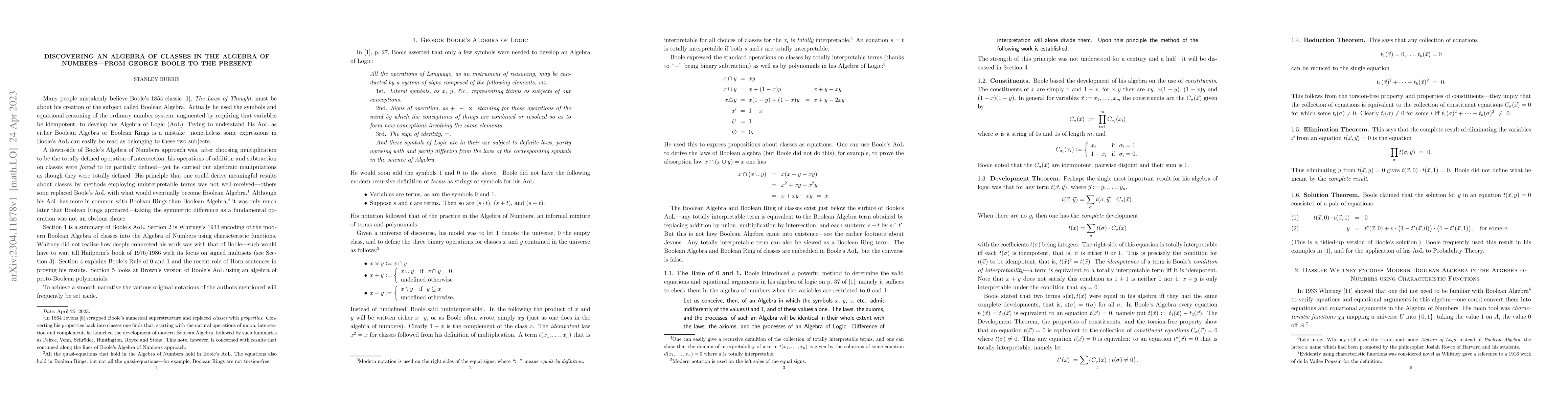 Thumbnail for Discovering an Algebra of Classes in the Algebra of Numbers -- from
  George Boole to the Present