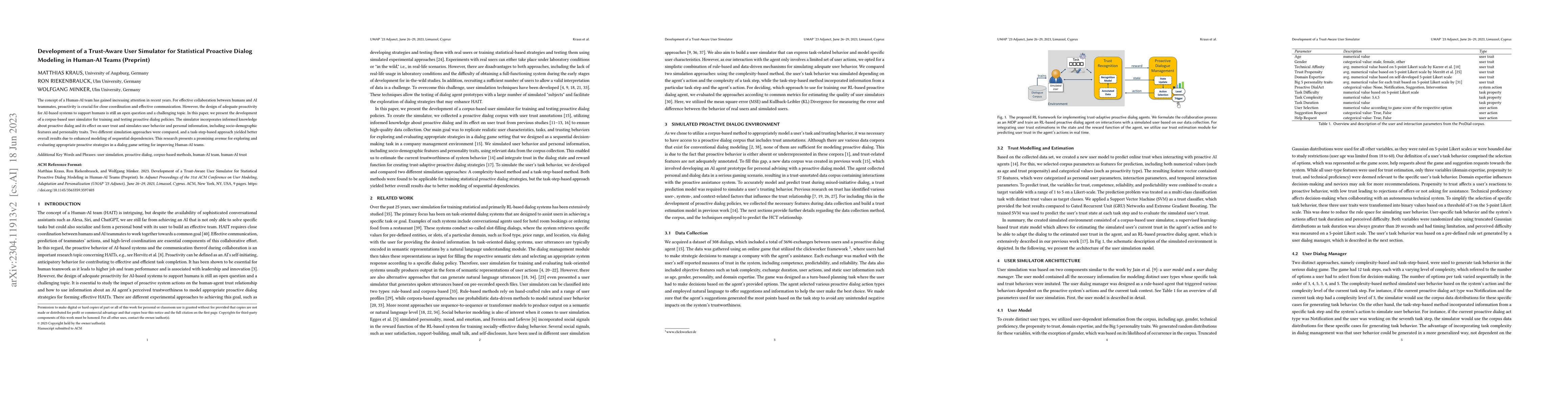 Thumbnail for Development of a Trust-Aware User Simulator for Statistical Proactive
  Dialog Modeling in Human-AI Teams