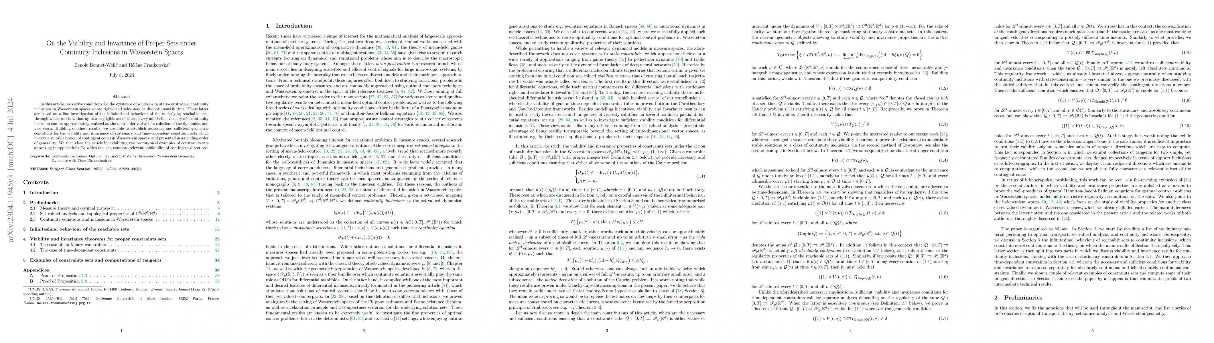 Thumbnail for On the Viability and Invariance of Proper Sets under Continuity
  Inclusions in Wasserstein Spaces