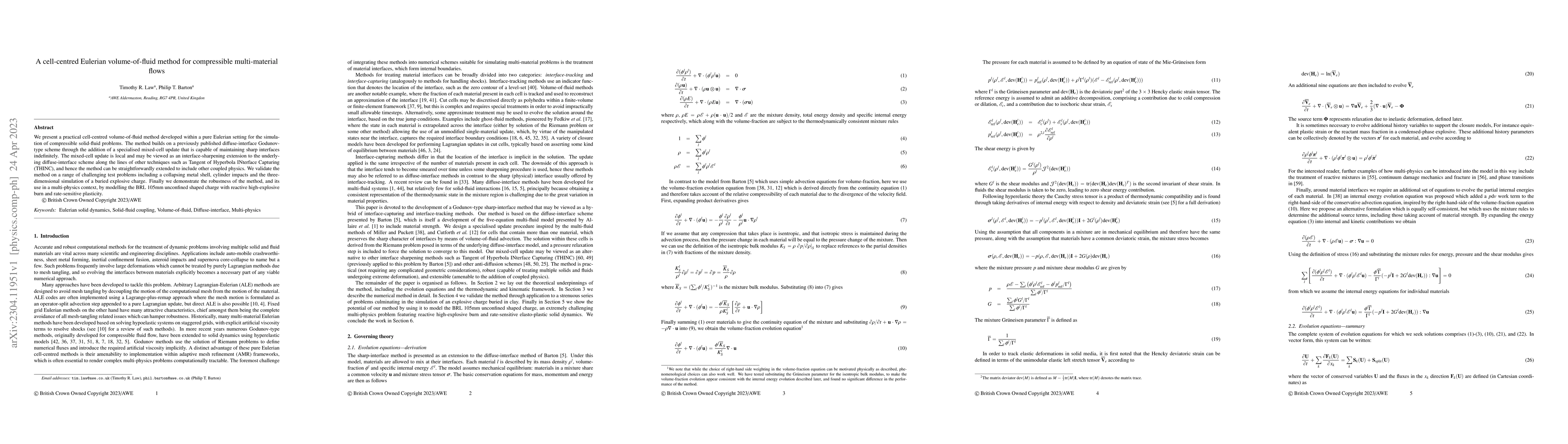 Thumbnail for A cell-centred Eulerian volume-of-fluid method for compressible
  multi-material flows