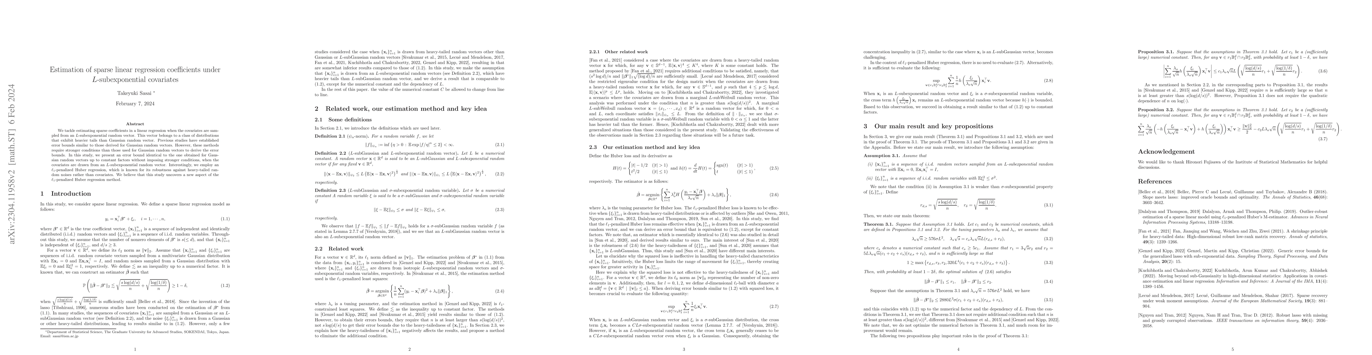 Thumbnail for Estimation of sparse linear regression coefficients under
  $L$-subexponential covariates