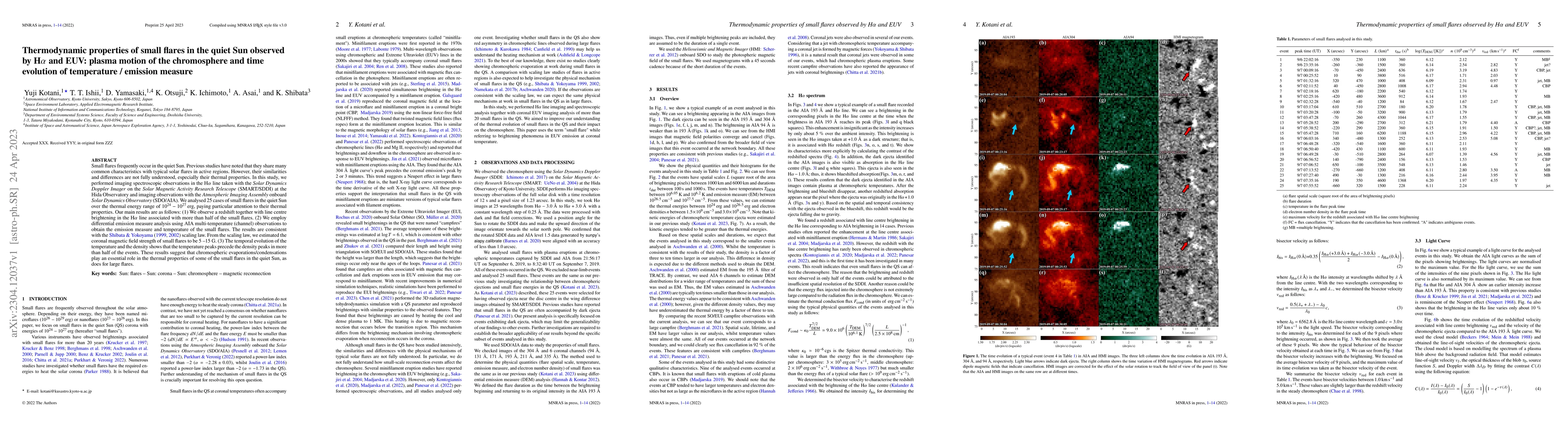 Thumbnail for Thermodynamic properties of small flares in the quiet Sun observed by
  H$\alpha$ and EUV: plasma motion of the chromosphere and time evolution of
  temperature/emission measure