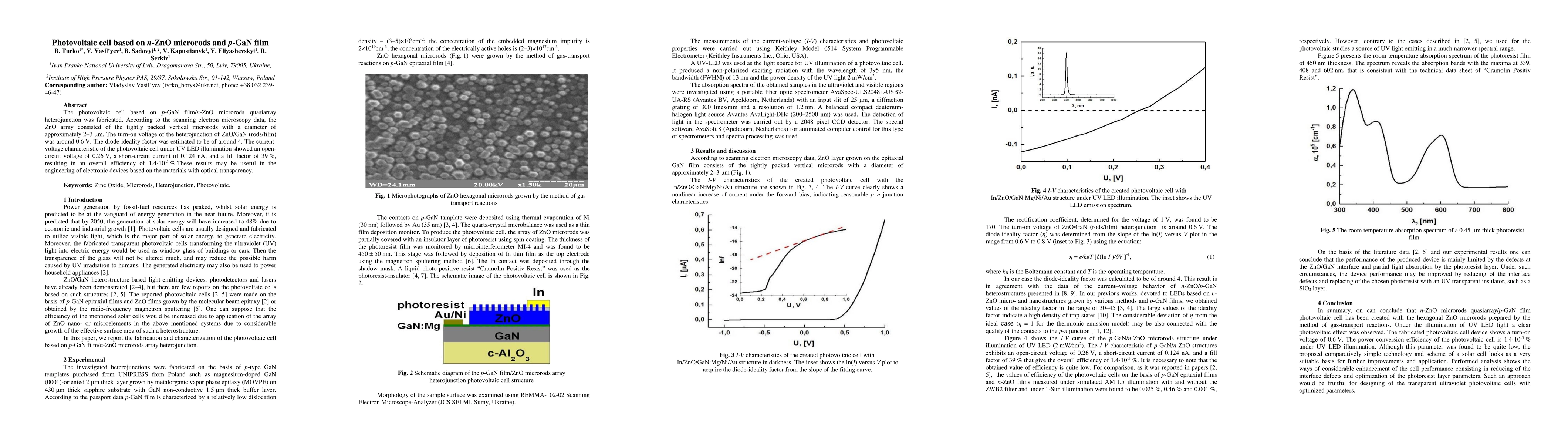 Thumbnail for Photovoltaic cell based on n-ZnO microrods and p-GaN film