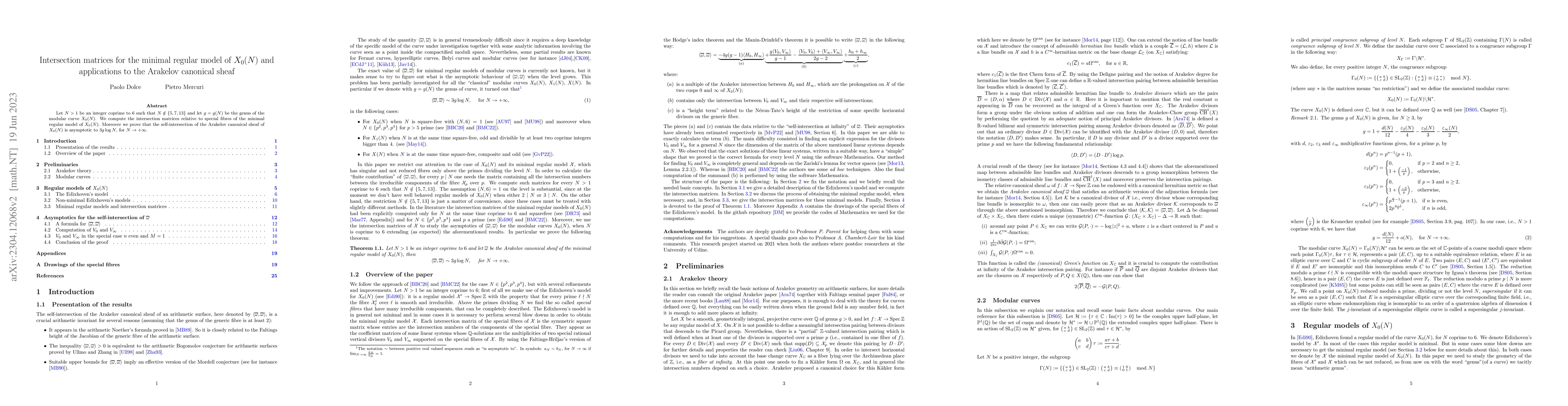 Thumbnail for Intersection matrices for the minimal regular model of ${X}_0(N)$ and
  applications to the Arakelov canonical sheaf
