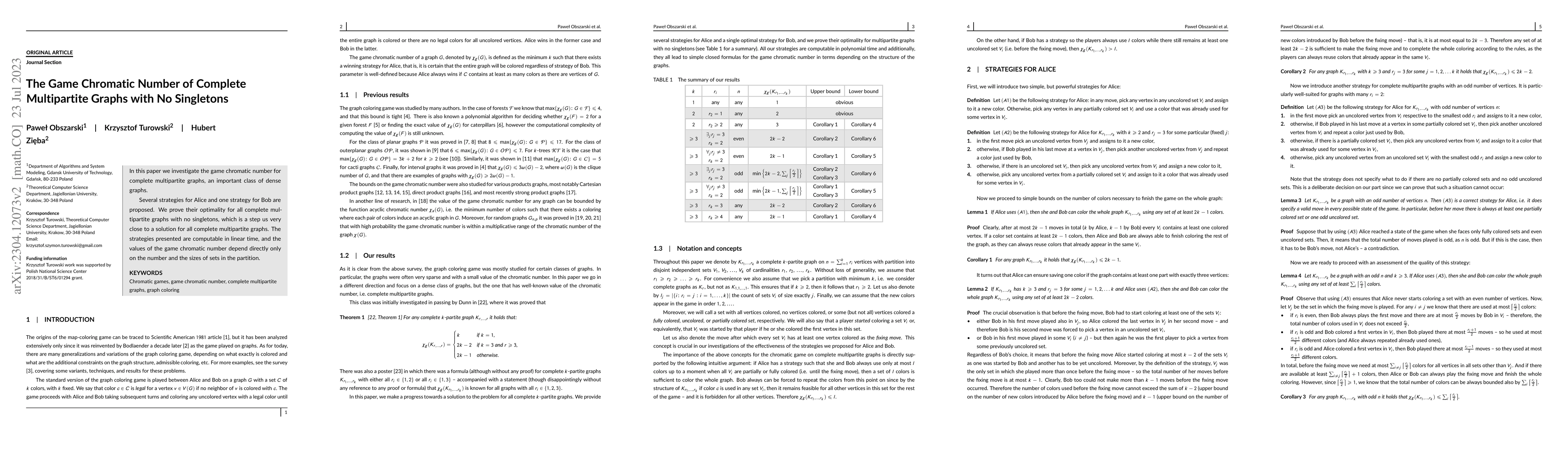 Thumbnail for The Game Chromatic Number of Complete Multipartite Graphs with No
  Singletons
