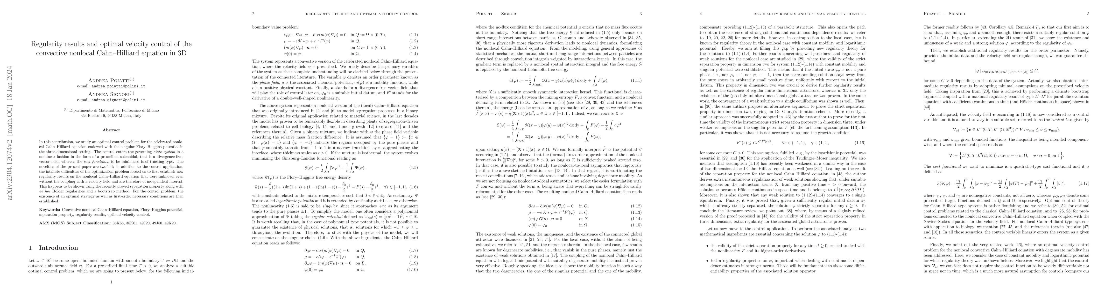 Thumbnail for Regularity results and optimal velocity control of the convective
  nonlocal Cahn-Hilliard equation in 3D