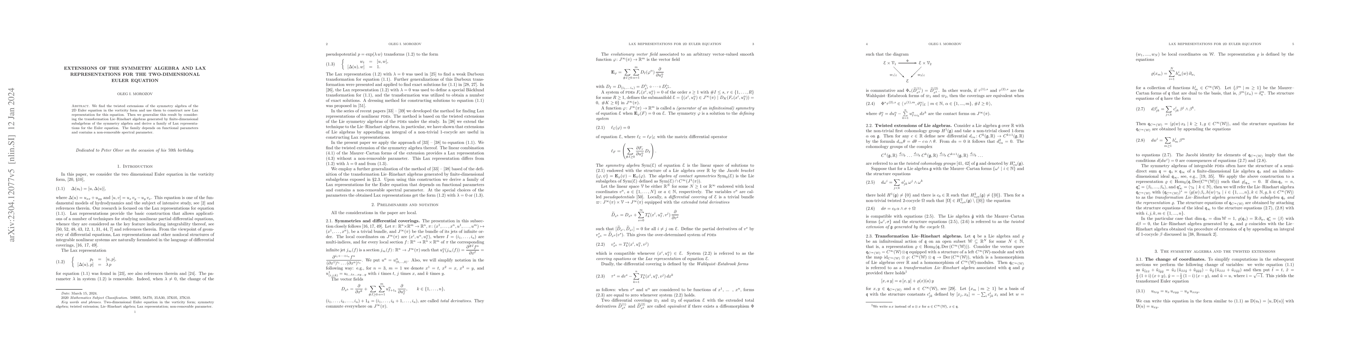Thumbnail for Extensions of the symmetry algebra and Lax representations for the
  two-dimensional Euler equation