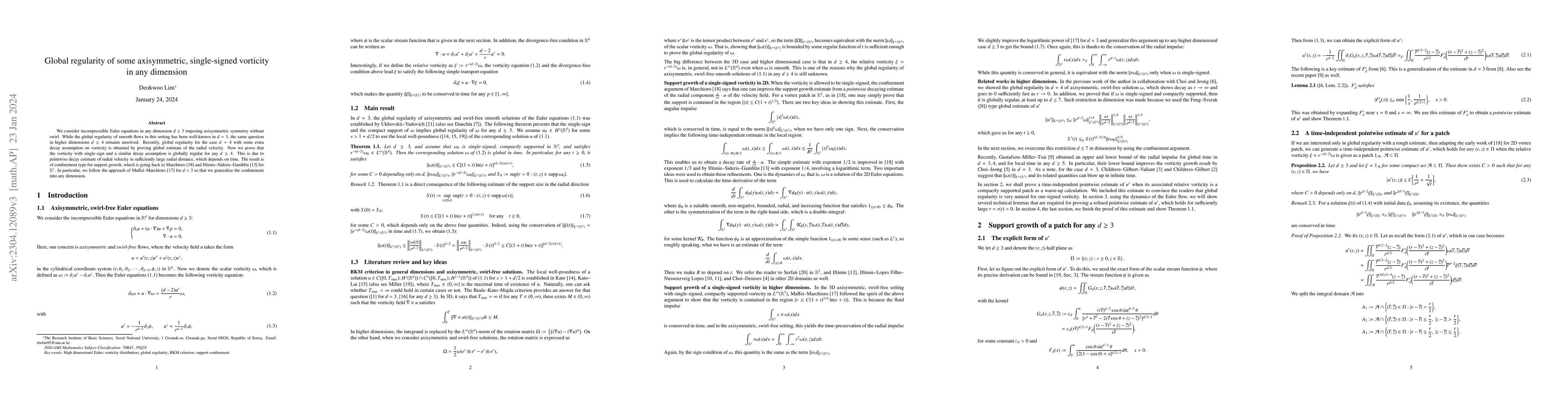 Thumbnail for Global regularity of some axisymmetric, single-signed vorticity in any
  dimension