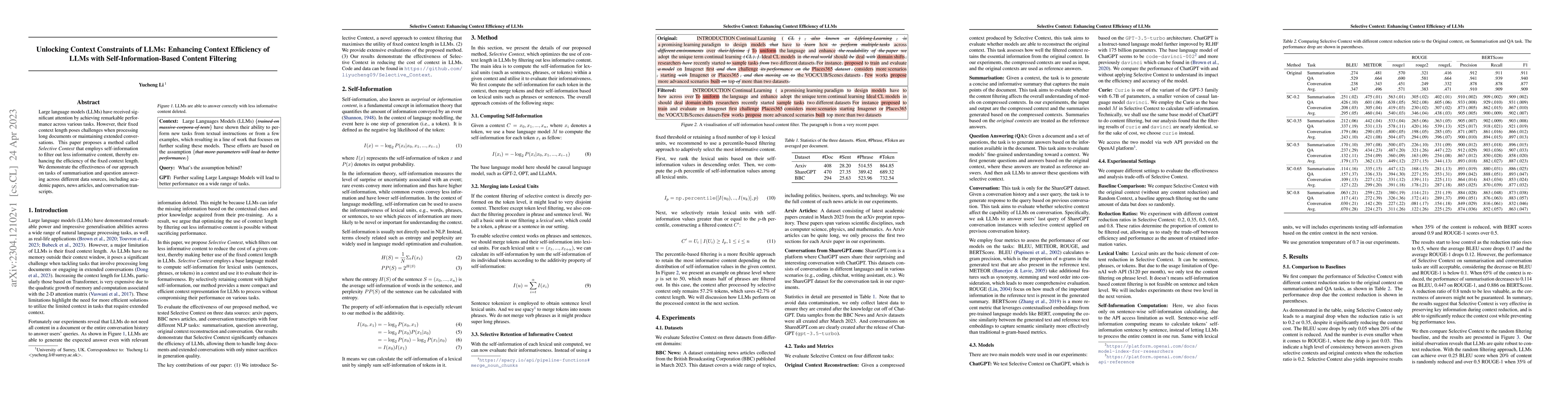 Thumbnail for Unlocking Context Constraints of LLMs: Enhancing Context Efficiency of
  LLMs with Self-Information-Based Content Filtering