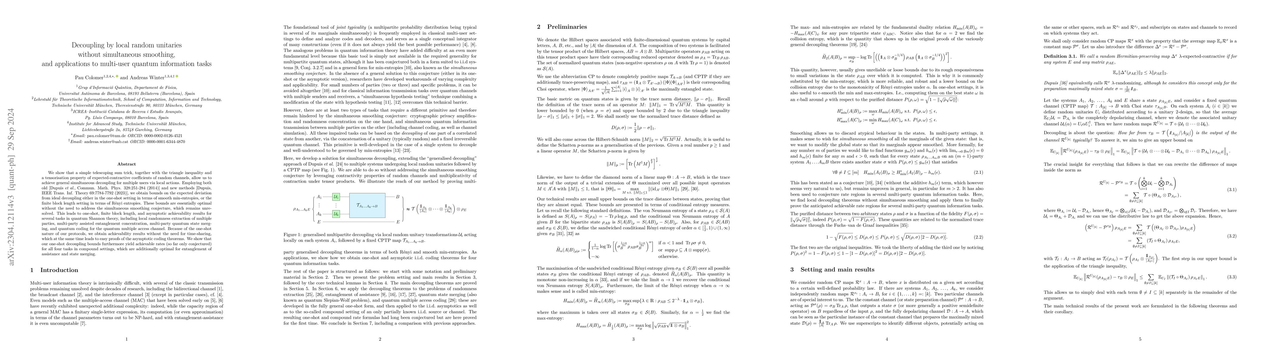 Thumbnail for Decoupling by local random unitaries without simultaneous smoothing, and
  applications to multi-user quantum information tasks