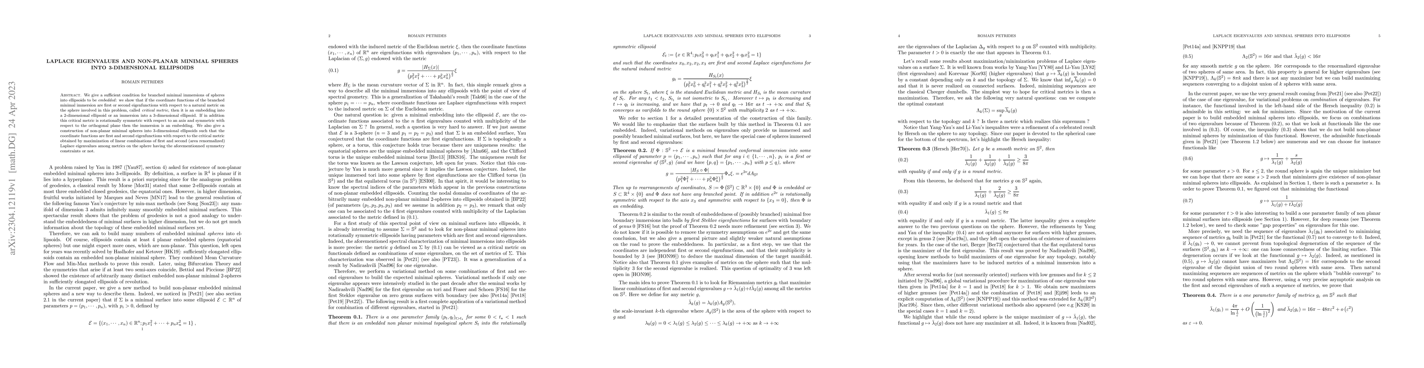 Thumbnail for Laplace eigenvalues and non-planar minimal spheres into 3-dimensional
  ellipsoids
