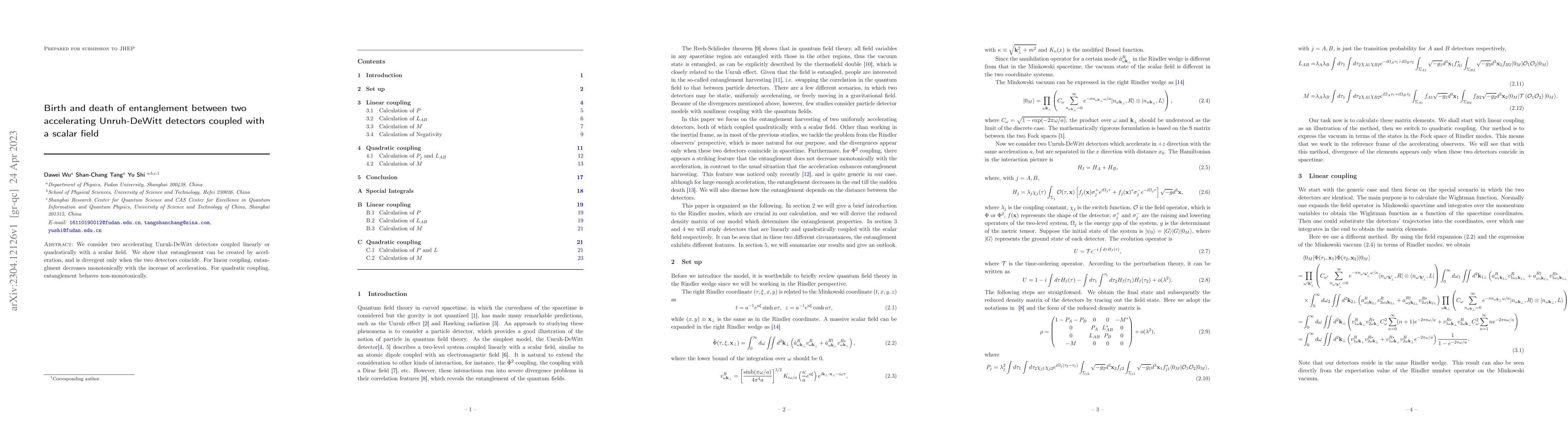 Thumbnail for Birth and death of entanglement between two accelerating Unruh-DeWitt
  detectors coupled with a scalar field
