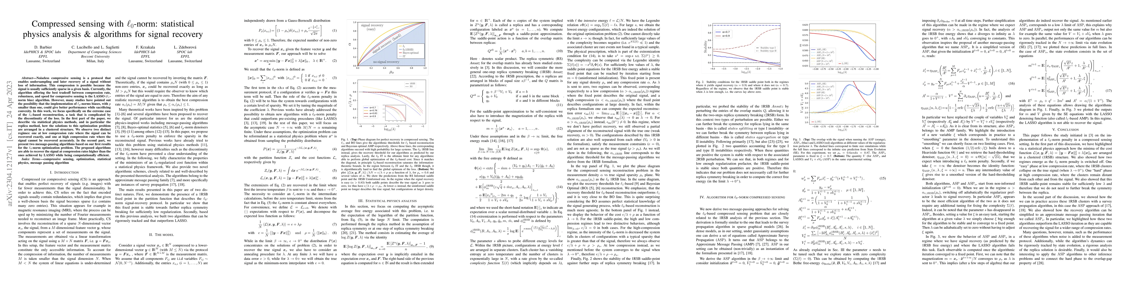 Thumbnail for Compressed sensing with l0-norm: statistical physics analysis and
  algorithms for signal recovery