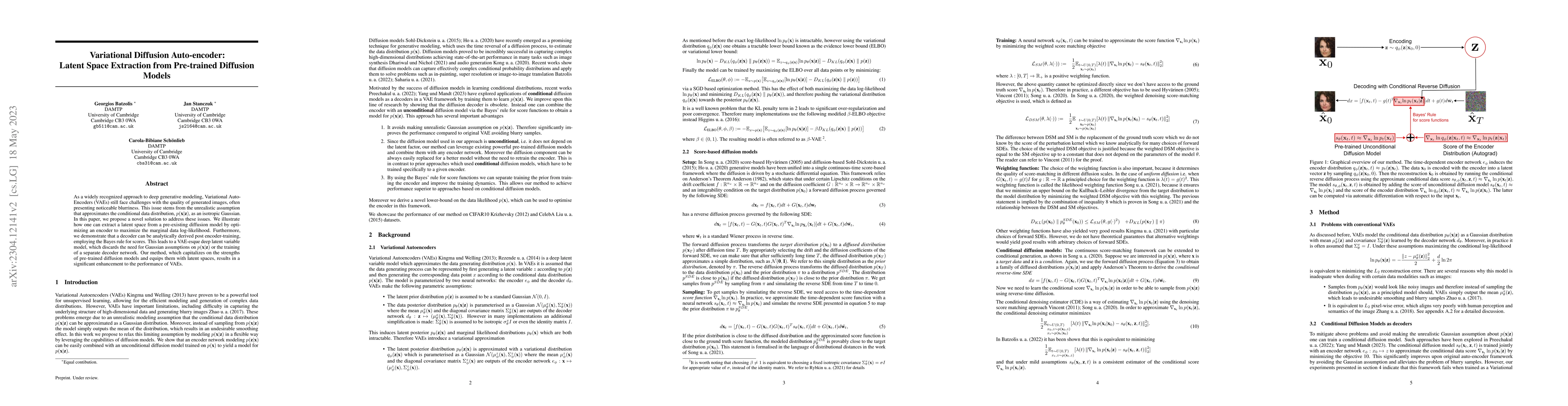 Thumbnail for Variational Diffusion Auto-encoder: Latent Space Extraction from
  Pre-trained Diffusion Models