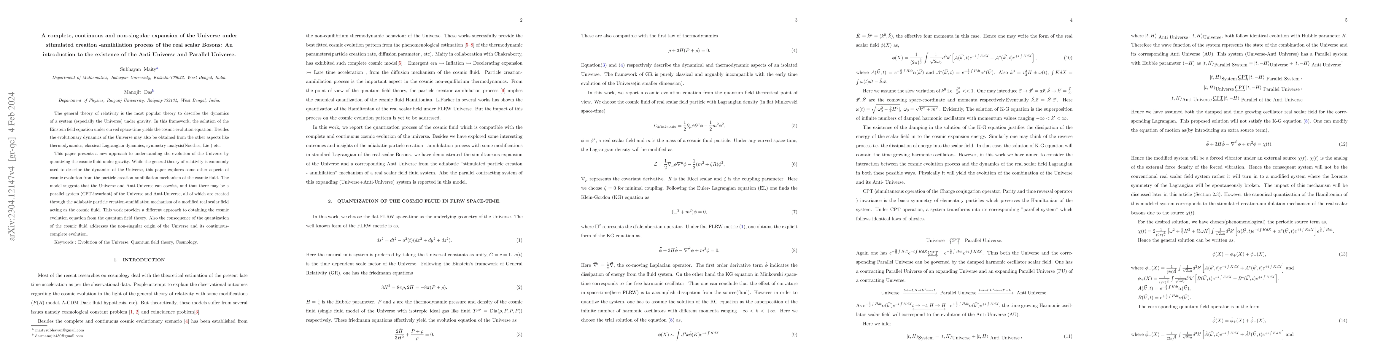 Thumbnail for A complete, continuous and non-singular expansion of the Universe under
  stimulated creation -annihilation process of the real scalar Bosons: An
  introduction to the existence of the Anti Universe and Parallel Universe
