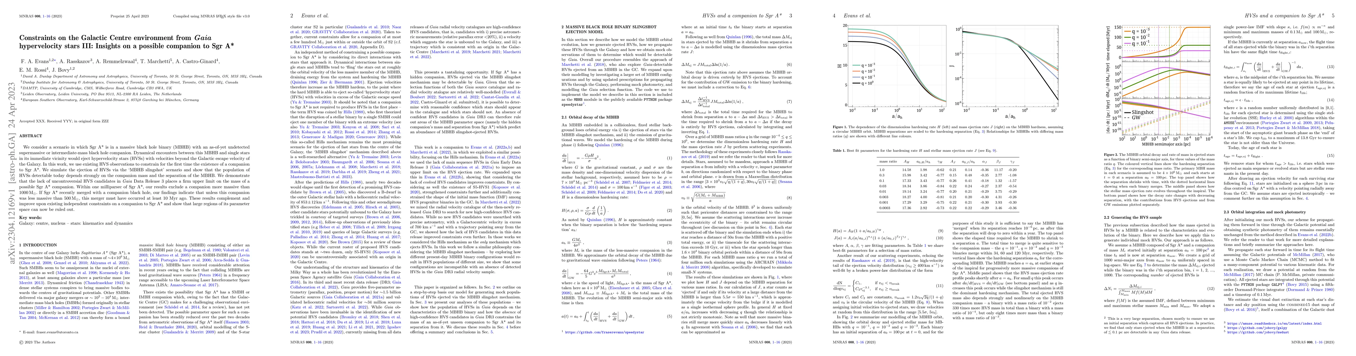 Thumbnail for Constraints on the Galactic Centre environment from \textit{Gaia}
  hypervelocity stars III: Insights on a possible companion to Sgr A*