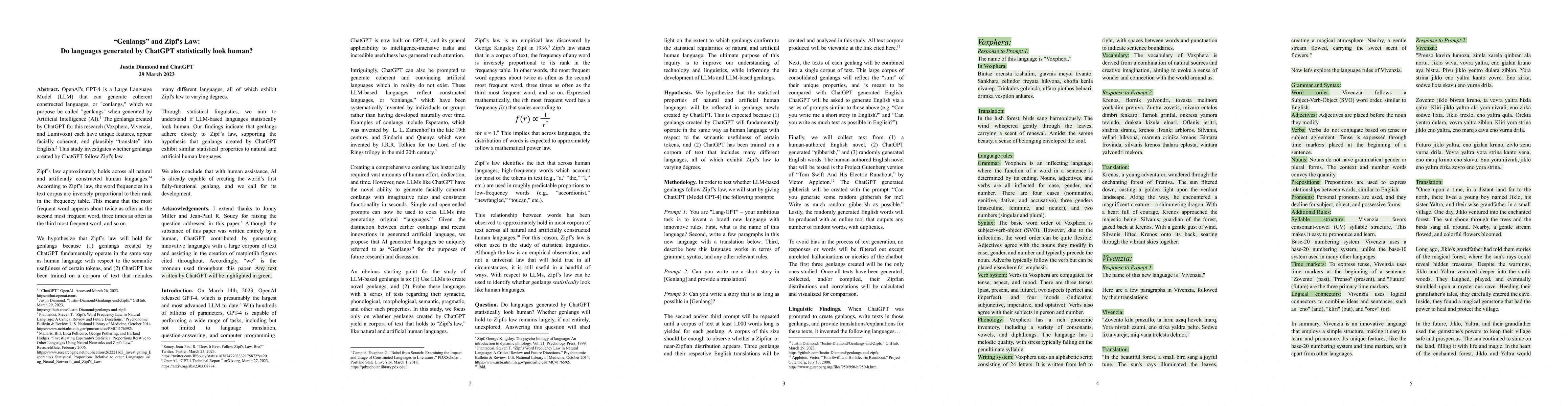 Thumbnail for "Genlangs" and Zipf's Law: Do languages generated by ChatGPT
  statistically look human?