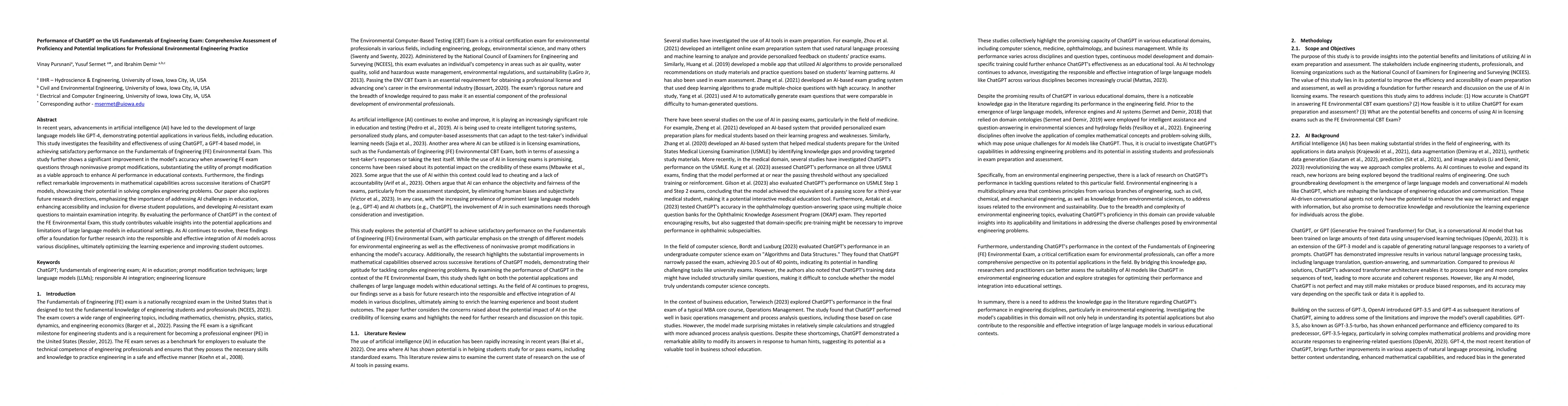 Thumbnail for Performance of ChatGPT on the US Fundamentals of Engineering Exam:
  Comprehensive Assessment of Proficiency and Potential Implications for
  Professional Environmental Engineering Practice